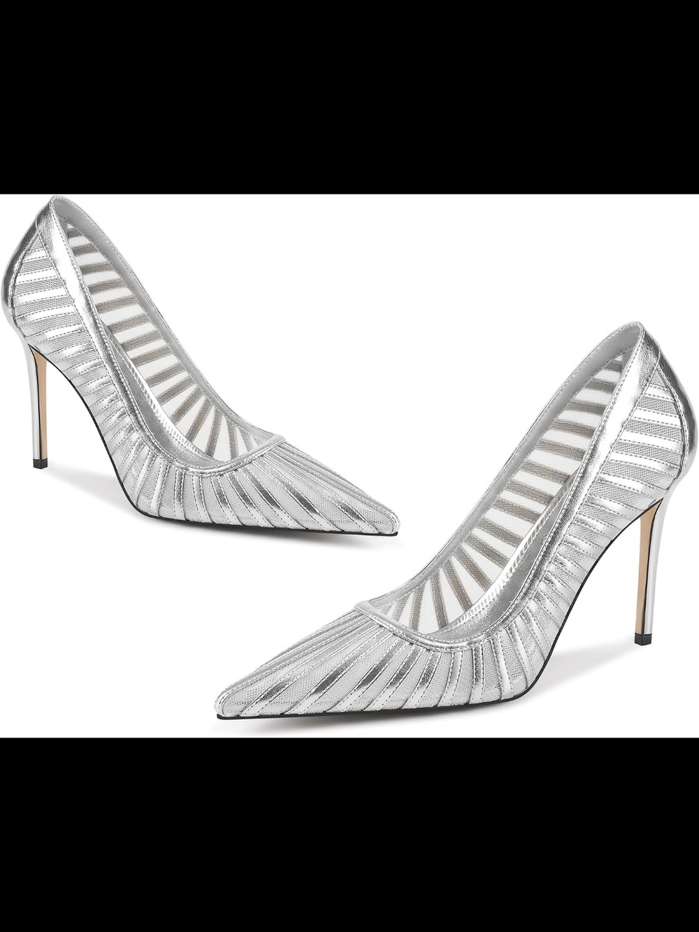 Silver Pointed Toe Striped Mesh Stiletto Pumps